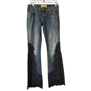 VTG Allen B By Allen Schwartz Y2K Denim Black Sequin Lace Flare Jeans Size 30